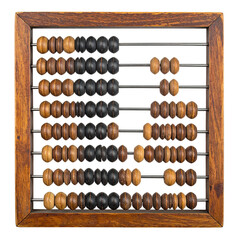 Wooden abacus with beads aligned on rods in a frame, showcasing a math-related object