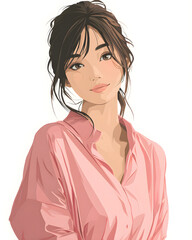 Stunning portrait of a graceful young Asian woman in a casual button-up shirt, modern anime illustration style on white background