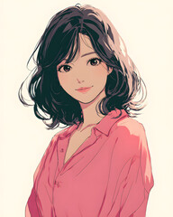 Stunning portrait of a graceful young Asian woman in a casual button-up shirt, modern anime illustration style on white background
