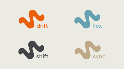 Four abstract flowing shapes are displayed in different colors each paired with a corresponding text label drift flex shift and sync high quality professional detailed modern © DesignHub