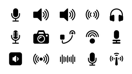 A collection of black glyph icons depicts various audio video and connectivity features including microphones speakers and headphones high quality professional detailed modern elegant stylish clean