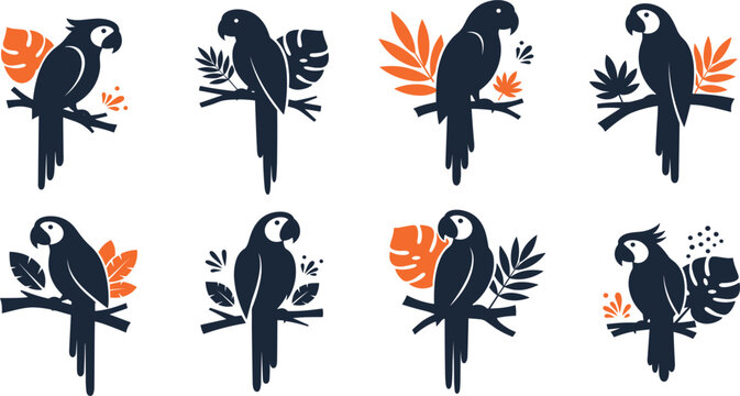 Tropical parrot and exotic leaves icons set with macaw silhouettes perched on branches on white background.
