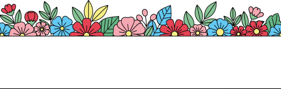 A vibrant floral border illustration featuring diverse flowers and leaves in a decorative arrangement viewed from directly above