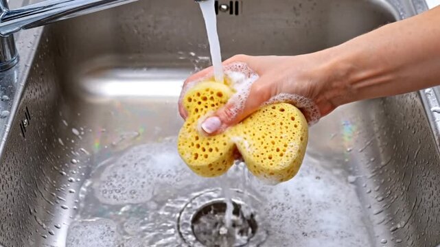 Hand squeezing a soapy sponge under running water in a stainless steel kitchen sink for cleaning