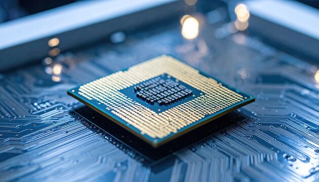 Close-up of a modern CPU on a circuit board.