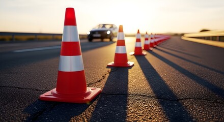 Traffic cones marking a road, with a car in the distance, suggesting road work or a hazard. The bright orange cones stand out against the pavement. 