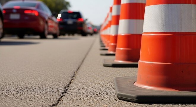 Traffic cones lining a highway, directing vehicles through a construction zone or an accident site, with cars in the background