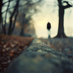 Mysterious silhouette of a person walking on a misty path with dramatic low angle perspective