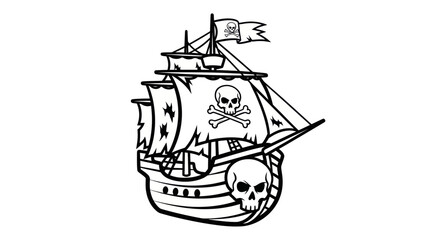Pirate Ship with Jolly Roger Flag and Skull Illustration