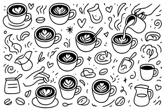 hand drawn doodle vector set of latte art icons and coffee foam designs illustrated in a playful sketchy outline style isolated on white background