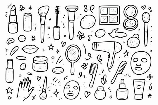 hand drawn doodle vector set of makeup and beauty elements illustrated in a fun sketchy outline style isolated on white background
