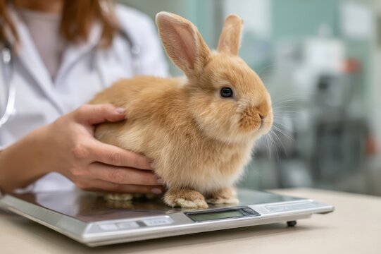 Gentle hand of a vet supporting a bunny on a weight scale for medical assessment