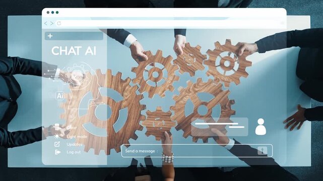 A group of professionals collaborates over a transparent chat interface displaying gears, symbolizing the digital communication process in a modern office environment. Raster