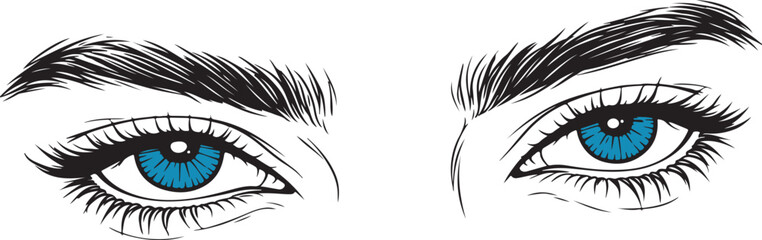Obraz premium Closeup illustration of a womans blue eyes with long eyelashes and thick eyebrows detailed facial features