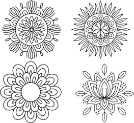 Four black line drawings of different flower designs on white  four black line drawings of flowers with intricate designs and patterns on white background