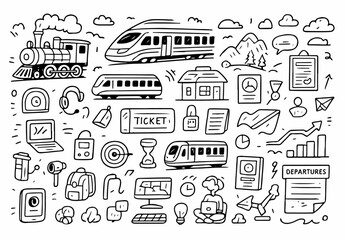 hand drawn doodle vector set of trains and railway travel elements illustrated in a fun and playful style isolated on white background © Creative Lab