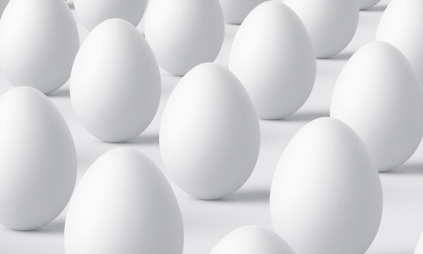  NO AI created. Minimal 3D pattern of white eggs arranged in a clean geometric layout. Modern monochrome background with soft shadows and smooth texture.