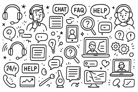 hand drawn doodle vector set of tech support and customer service icons illustrated in a clean sketchy outline style isolated on white background