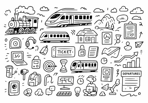 hand drawn doodle vector set of trains and railway travel elements illustrated in a fun and playful style isolated on white background