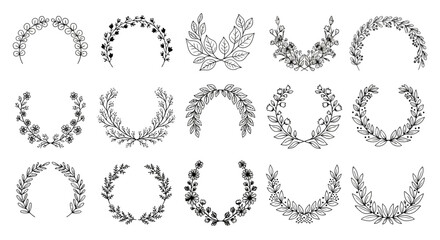 Obraz premium A collection of elegant black and white floral wreath illustrations showcasing various leaf and flower arrangements in a minimalist style.