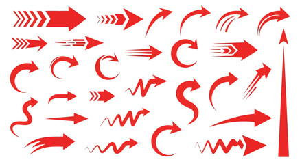 Various red arrows pointing in different directions, showcasing diverse designs and styles, illustrating direction and movement in a graphic illustration
