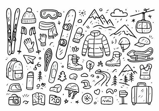 hand drawn doodle vector set of skiing and winter travel elements illustrated in a fun and playful style isolated on white background