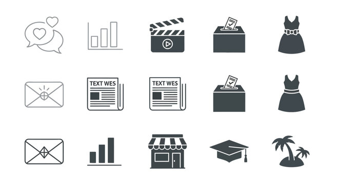 Collection of simple black and gray icons representing various concepts like communication, media, education, and business on a white background viewed from directly above.