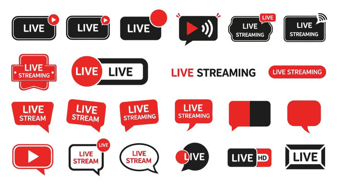 A collection of live streaming icons and labels displayed on a clean white background, showcasing various designs and layouts.