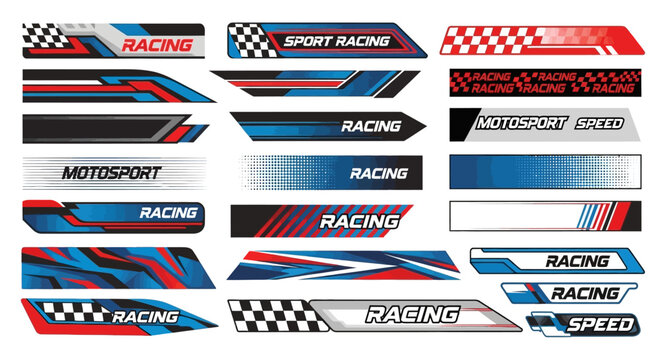 Collection of racing decals and stickers with checkered flags and speed themes displayed in a grid arrangement on a clean background from a top-down viewpoint