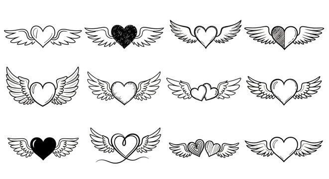A collection of heart and wing illustrations in various styles and designs