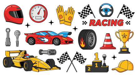 A collection of racing-themed illustrations including cars, helmets, gloves, and checkered flags, showcasing various elements of the sport. © charli