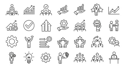 Fototapeta premium Collection of simple line icons representing business concepts, including charts, graphs, and people, in a straightforward style on a clean background, viewed directly.