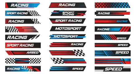 Collection of racing-themed graphic elements including checkered flags and speed indicators © charli
