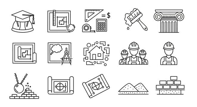 A collection of line icons representing various construction and education concepts, displayed in a grid layout from a straightforward viewpoint.
