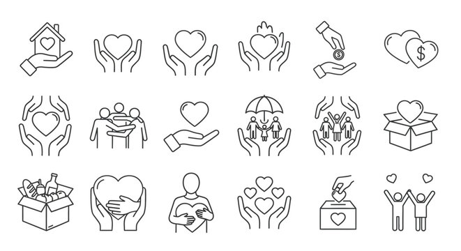 Collection of Simple Line Icons Representing Charity and Love in Various Forms and Themes