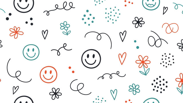 smiley faces and doodle flowers pattern.