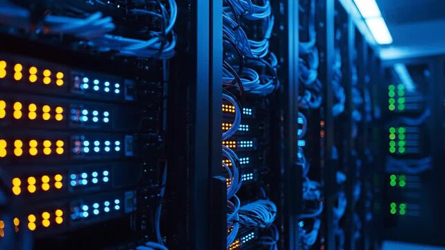 Rows of server racks in a dark room illuminated by blue light. Blinking lights and bundled cables indicate active data processing and network connections. Technology and infrastructure concept.