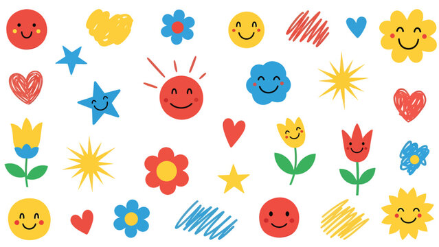 Colorful doodle pattern featuring flowers hearts and suns.