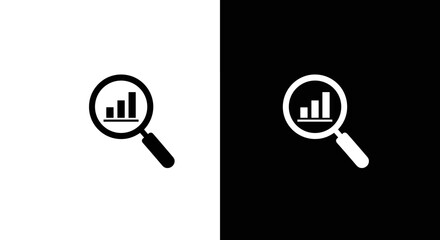 Analytics Search Icon Set in Black and White, Minimal Data Chart Magnifier Symbol on Square Background