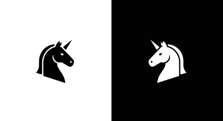 Unicorn Head Icon Set in Black and White, Minimal Fantasy Horse Symbol on Square Background