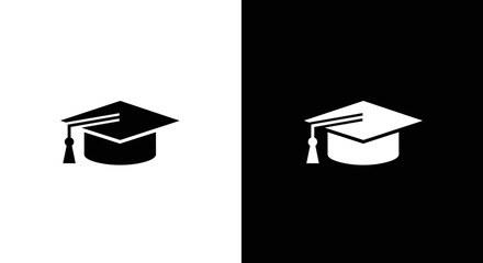 Graduation Cap Icon Set in Black and White, Minimal Education Academic Hat Symbol on Square Background