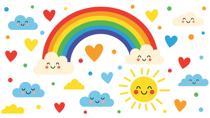 Naklejka premium Colorful rainbow with smiling sun and clouds illustration.