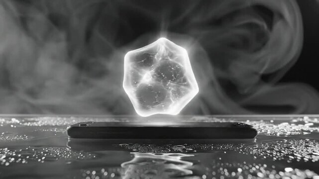 Mysterious floating glowing object emits light above smartphone against smoky background, abstract conceptual scene