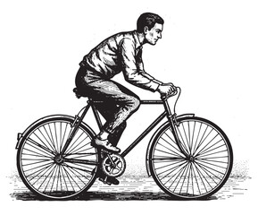 Obraz premium Man riding bicycle engraving, active lifestyle vintage etching
