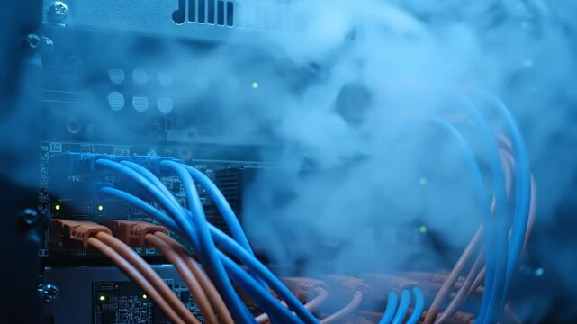 A close-up view of smoke emanating from server rack equipment in a dimly lit data center with blue lighting and visible cables.