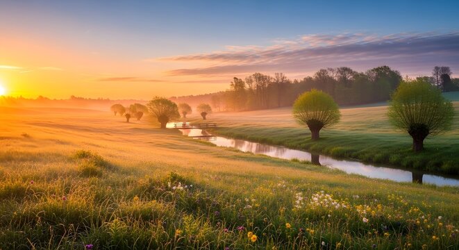 Golden light of dawn illuminates a tranquil misty landscape featuring a meandering stream through vibrant green meadows and unique trees.