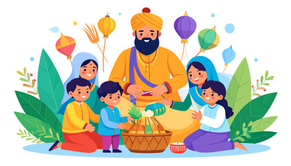 Naklejka premium Family Celebrating Baisakhi with Traditional Attire and Kites.