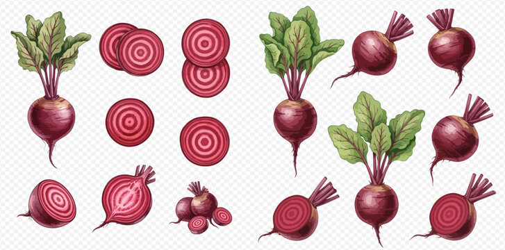 Set of fresh beetroots with green leaves and sliced beets, isolated on transparent background, healthy food illustration.