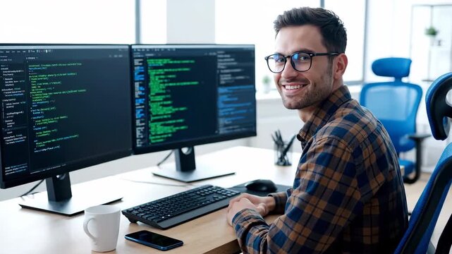 A smiling man with glasses wearing a plaid shirt sits at a desk in a bright office, working on dual computer monitors displaying lines of code.