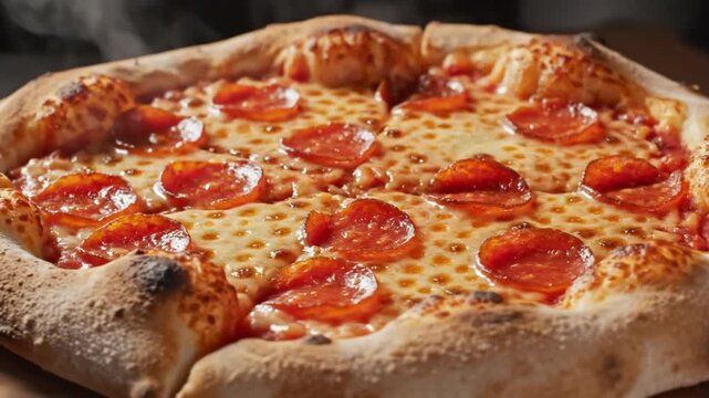 Close up shot of a steaming hot pepperoni pizza with melted cheese and crispy crust, ready to eat